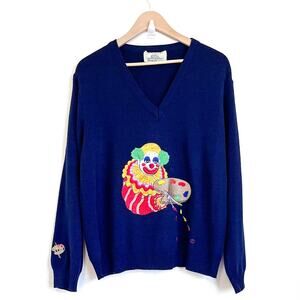 VTG Cyn Les Happy Painting Clown Womens Sweater Size 44 Blue Embroidery Artist